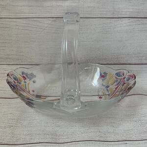 Vintage Mikasa Glass Christmas Basket Bowl with Bells and Plastic Bow Handle